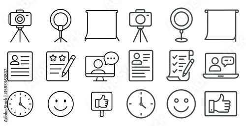 Collection of icons for various photography and videography equipment. The icons include a camera, tripod, lighting equipment, and a computer