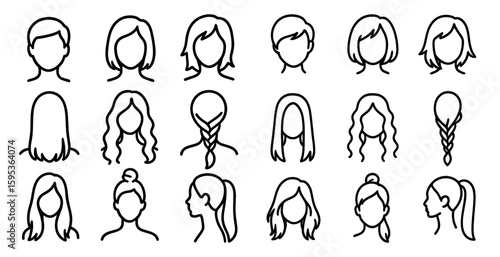 Collection of different hairstyles in a line. The hairstyles are all different lengths and textures, ranging from short to long and straight to curly. Scene is one of variety and diversity