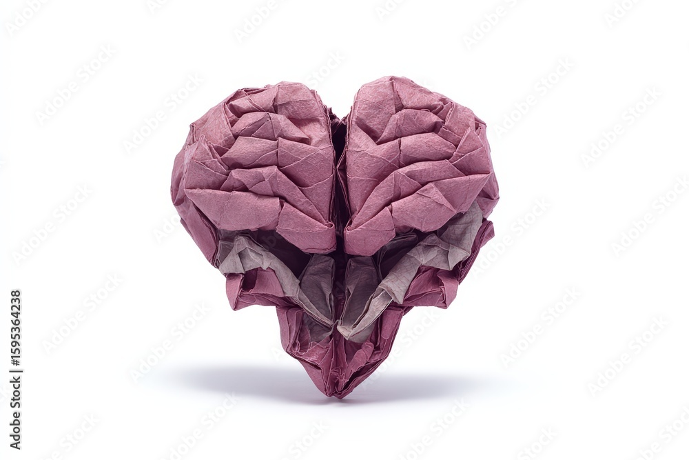 Obraz premium Origami heart and brain folded from single paper on white background, seamless shift from emotion to thought, delicate craft symbolizing mental harmony.