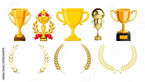 gold trophy cup. gold cup with laurel. gold cup with laurel wreath. A gold cup with a trophy is surrounded by glittering confetti. Glowing Gold Trophy on Velvet Podium
