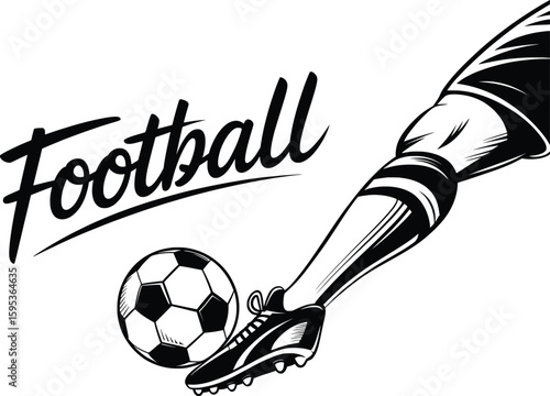 Football Kick Illustration, Soccer Boot Hitting Ball Black and White Vector Art.

