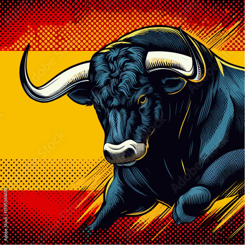 Fierce bull in pop art vector style with Spanish flag colors