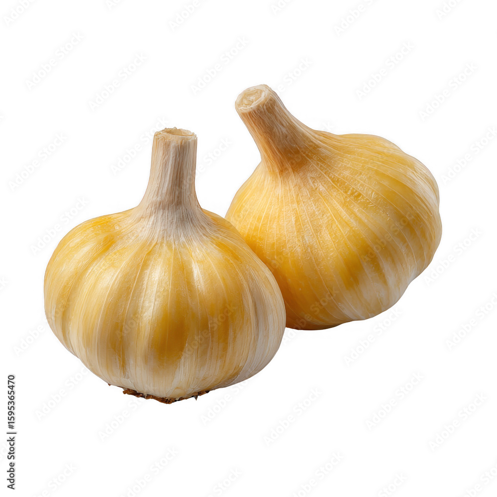 Obraz premium Two fresh garlic bulbs with light yellow skin, showcasing a smooth texture and pleasing shape, isolated on a white background.