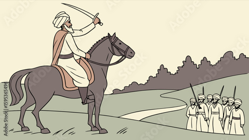 Sikh warrior riding horse with sword and army illustration for history and culture education content