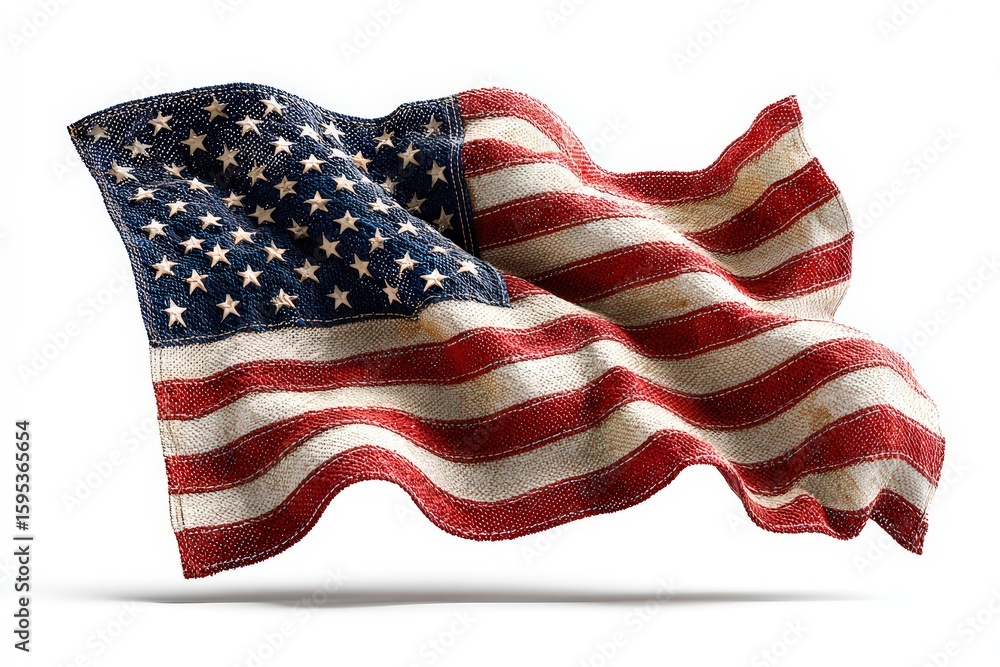 Obraz premium Waving American flag on white background, stars and stripes ripple in high detail, fabric weave and curl enhance patriotic presence.