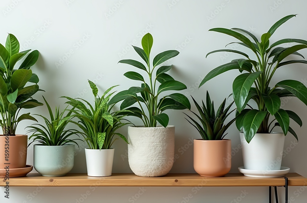 Obraz premium Modern Minimalist Shelf Decor Spring Potted Plants Greenery ai generated