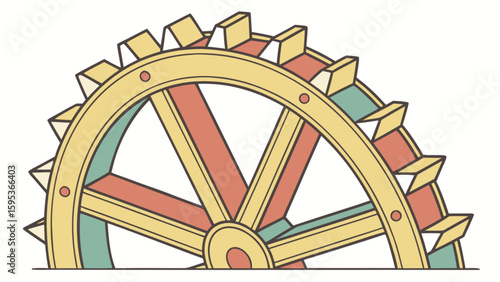 Vintage water wheel illustration for renewable energy and antique machinery designs and historical engineering projects