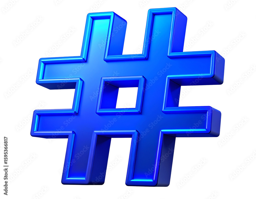 Fototapeta premium Tilted 3D Blue Hashtag Icon with Neon Glow Effect, Floating in Air, Transparent PNG