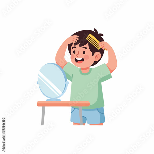 Happy Cartoon Boy Combing Hair in Front of Mirror Illustration