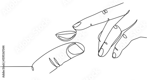 Hands reaching for night, orthokeratology , contact lens in minimalist line drawing style - single line vector outline concept