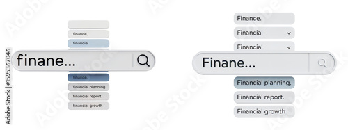 Side by side comparison of search bar suggestions for finance showcasing different autocomplete formats in financial planning and data interface design