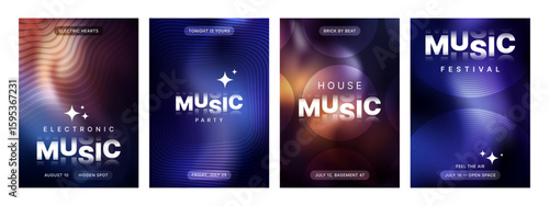 Set of four modern music event posters with abstract shapes and luminous gradient backgrounds. Perfect for party promotion.