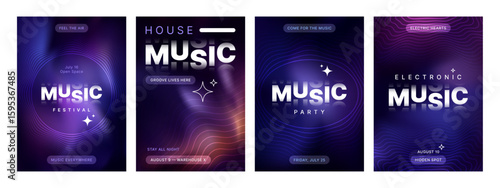 Set of four modern music posters with vibrant gradient backgrounds and abstract wavy lines. Digital templates for party flyer design.