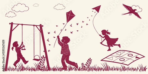 Whimsical Vector Child Silhouettes – Charming Playful Forms with High-Contrast Illustration

