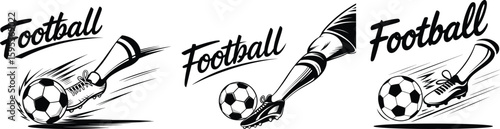 Football Kick Vector Set, Soccer Boot and Ball Action Black and White Sports Illustration.

