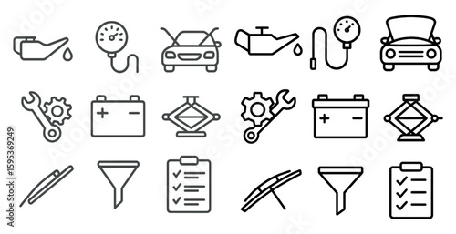 Set of car maintenance icons including a wrench, a jack, and a car battery. The icons are arranged in a grid, with some overlapping and others standing alone. Scene is one of organization and order