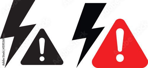 Electrical Hazard Warning Sign Vector Illustration Set: Black Lightning Bolt and Red Exclamation Point Triangle Symbol on Transparent Background for Safety Alert