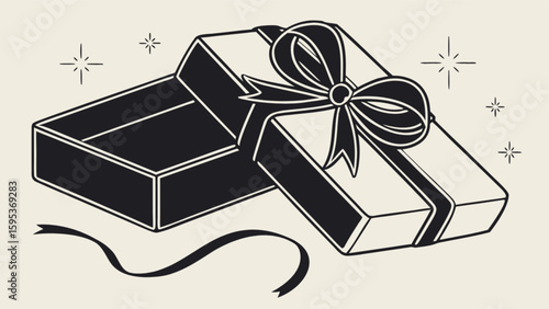 Open gift box with ribbon bow and lid showing an empty interior space in a festive illustration