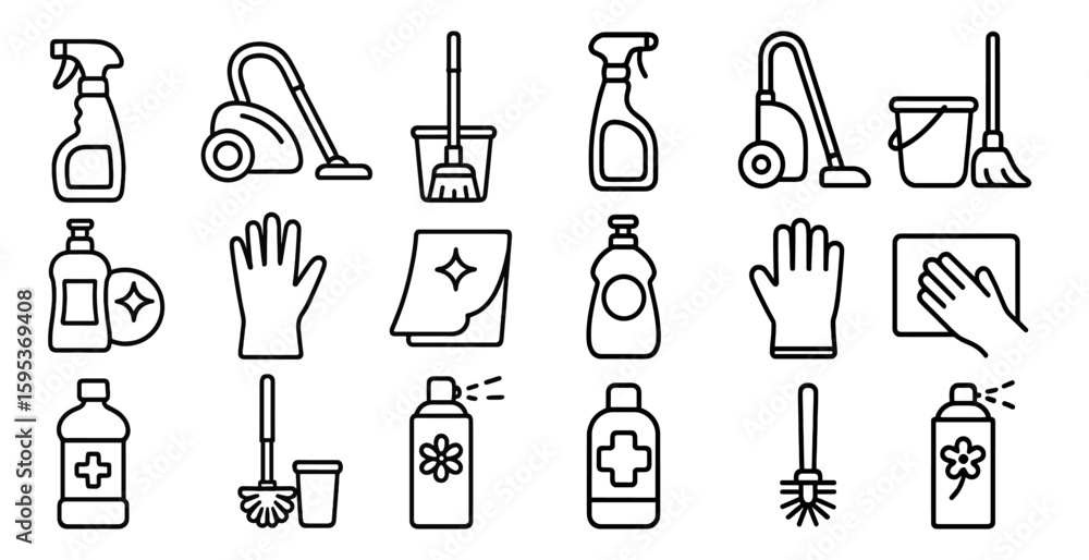 Obraz premium Set of cleaning supplies including a broom, mop, and spray bottle. Concept of cleanliness and organization
