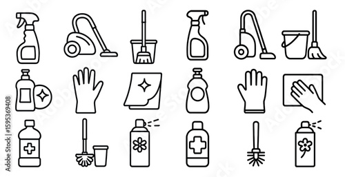 Set of cleaning supplies including a broom, mop, and spray bottle. Concept of cleanliness and organization