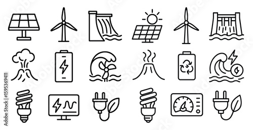 Collection of icons for various energy sources, including wind, solar, and hydroelectric power. The icons are all drawn in a simple, minimalist style