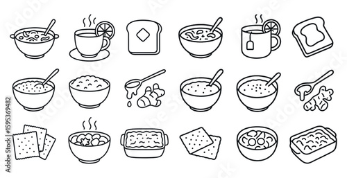 Series of food items are shown in a line drawing, including bowls, spoons, and cups. Scene is casual and relaxed, as it is a collection of everyday items that people might use for meals