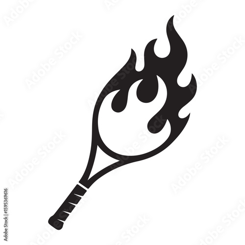 A stylized tennis racket silhouette engulfed in flames against a white background illustration art