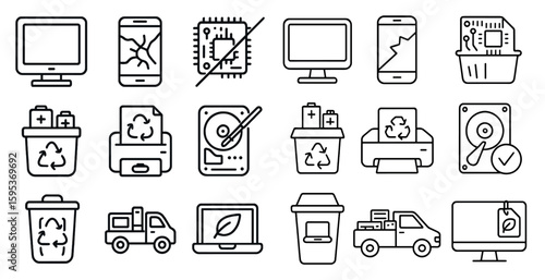 Set of icons for recycling and waste management. The icons include a trash can, a laptop, a computer monitor, a printer, a cell phone, a truck, a car, a cup, a book, a keyboard, a mouse