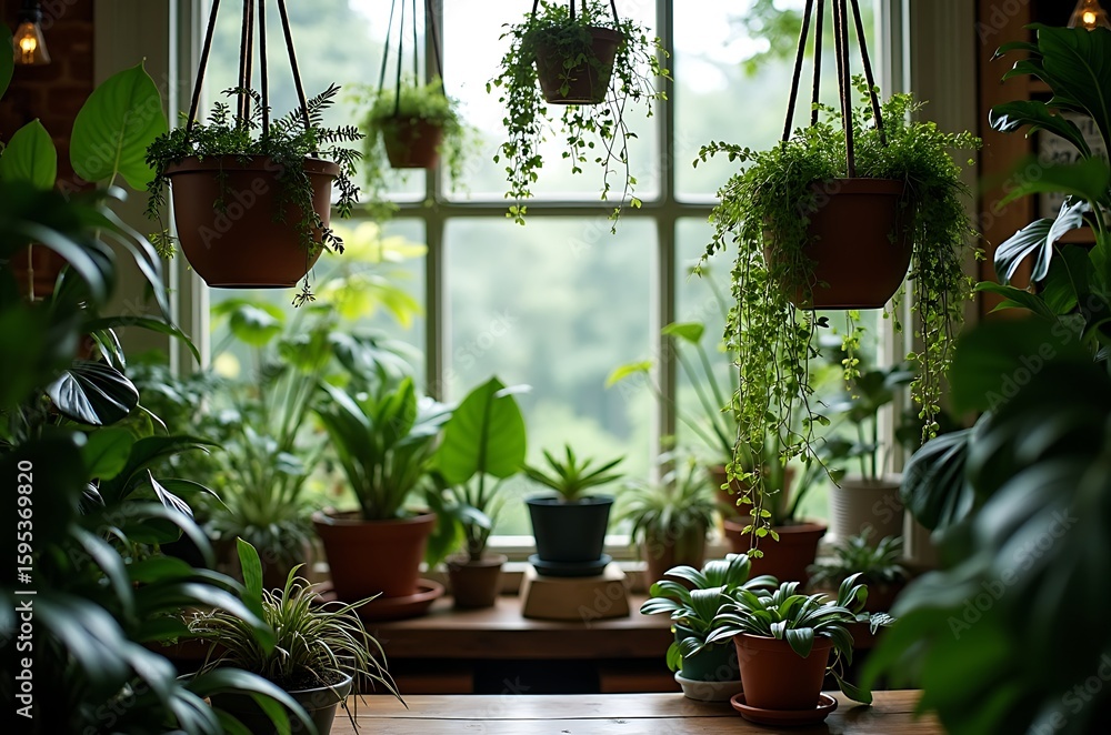 Fototapeta premium Lush Spring Houseplant Collection in Pastel Terracotta Pots ai generated