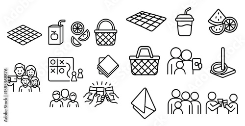 Collection of icons that represent various activities and objects, such as a shopping basket, a drink, and a person holding a drink