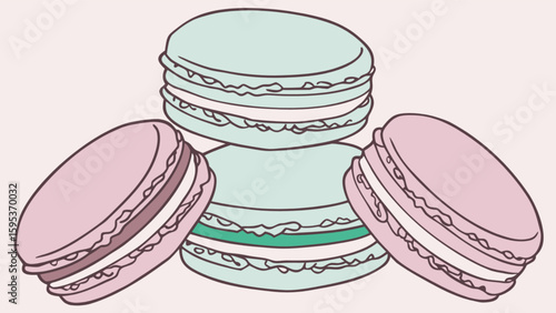 Illustration of three macarons stacked together with two pink and one blue color palette design