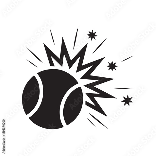 A graphic illustration of a tennis ball with an explosion effect in black and white simple design