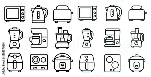 Collection of kitchen appliances in a black and white style. The appliances include a toaster, microwave, coffee maker, and more