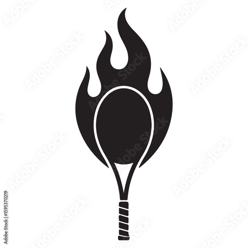 Black and white graphic of a tennis racket surrounded by flames on a white background design element