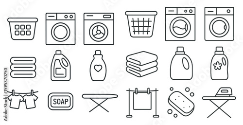 Set of laundry symbols and icons, including a washing machine, dryer, iron, and laundry detergent