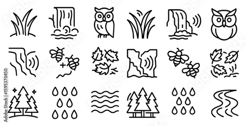 The image is a series of black and white icons that represent various elements of nature, such as trees, water, and animals. The icons are arranged in a grid, with some overlapping each other