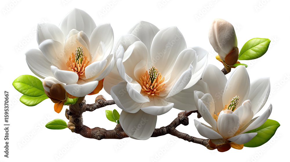 Fototapeta premium Magnolia Bloom: A close-up shot of elegant white magnolia blooms, showcasing their delicate petals and intricate details on a backdrop that accentuates the pure beauty of the flowers.
