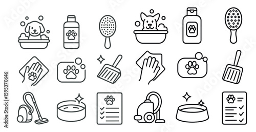 Set of dog grooming supplies including a brush, a bottle of shampoo, and a bowl. Concept of cleanliness and care for pets