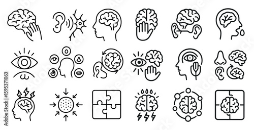 Series of images of the brain and its functions. The images include a person with a headache, a person with a puzzle, and a person with a nose. The mood of the images is serious and informative