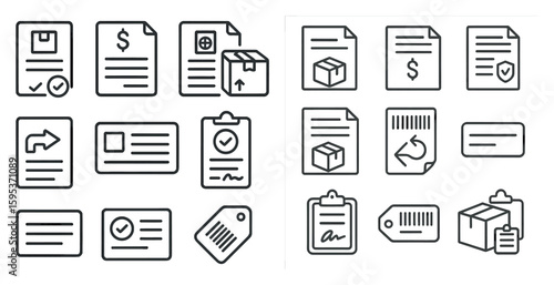 Set of paper items, including receipts, invoices, and shipping labels. The items are all in black and white, and they are arranged in a grid-like pattern