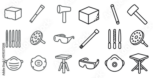Set of tools and safety equipment. The tools include a hammer, a box, a pair of goggles, a pair of scissors, and a pair of pliers. The safety equipment includes a face mask, a pair of gloves