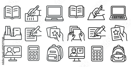 Set of icons for school supplies and technology. The icons include a pencil, a laptop, a book, a calculator, a backpack, a computer mouse, a keyboard, a mouse, a pen, a ruler, a paper clip