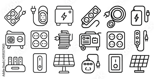 Collection of electrical items and cords in a black and white style. The items include a toaster, a power strip, a power outlet, and a power cord. Scene is one of organization and utility