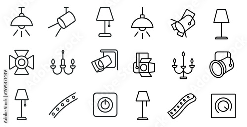 Set of light fixtures and lamps are shown in a grid. The light fixtures include a lamp, a light switch, and a camera. Scene is modern and minimalist, with a focus on the simplicity of the design