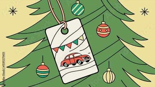 Christmas tree with ornaments and a gift tag featuring a car and festive banner design hanging down