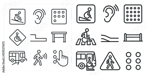 Set of icons for public transportation, including buses and trains, as well as handicap accessibility and pedestrian safety