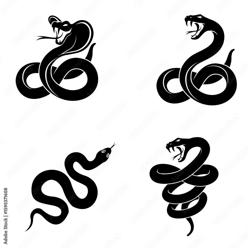 Obraz premium A vector set of isolated snake silhouettes on a white background. Ideal for tattoos, logos, or nature-themed designs, showcasing the sleek and winding forms of snakes in various poses.