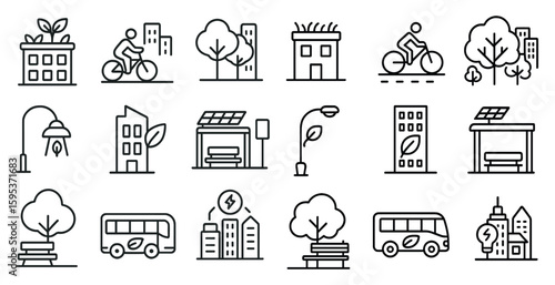 Series of icons depicting various modes of transportation, including buses, bicycles, and cars. The icons are all in black and white and are arranged in a grid. Scene is urban and active