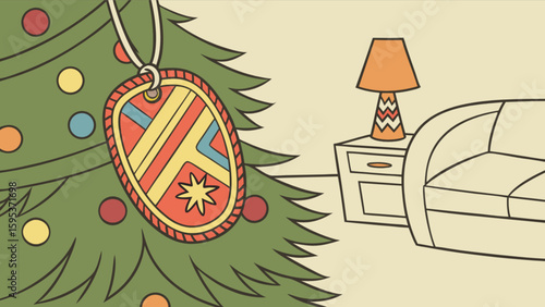 A christmas tree with ornaments and a pendant in a living room with a lamp and a couch visible