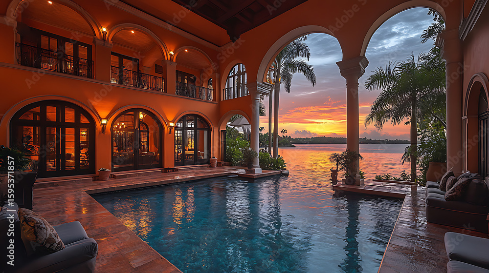 Fototapeta premium Luxurious Waterfront Villa with Infinity Pool at Sunset